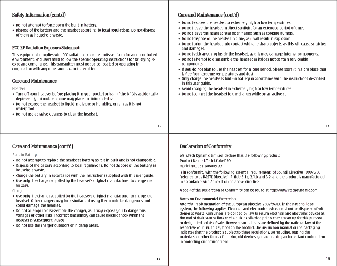 i. Tech Dynamic Bluetooth Clip Headset specifications Safety Information contd, Care and Maintenance cont’d 