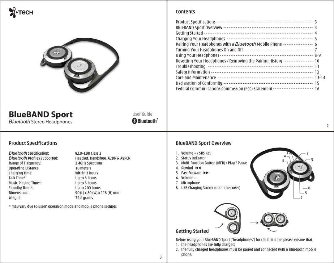 i. Tech Dynamic Bluetooth Stereo Headphone specifications Product Specifications, Contents, BlueBAND Sport Overview 