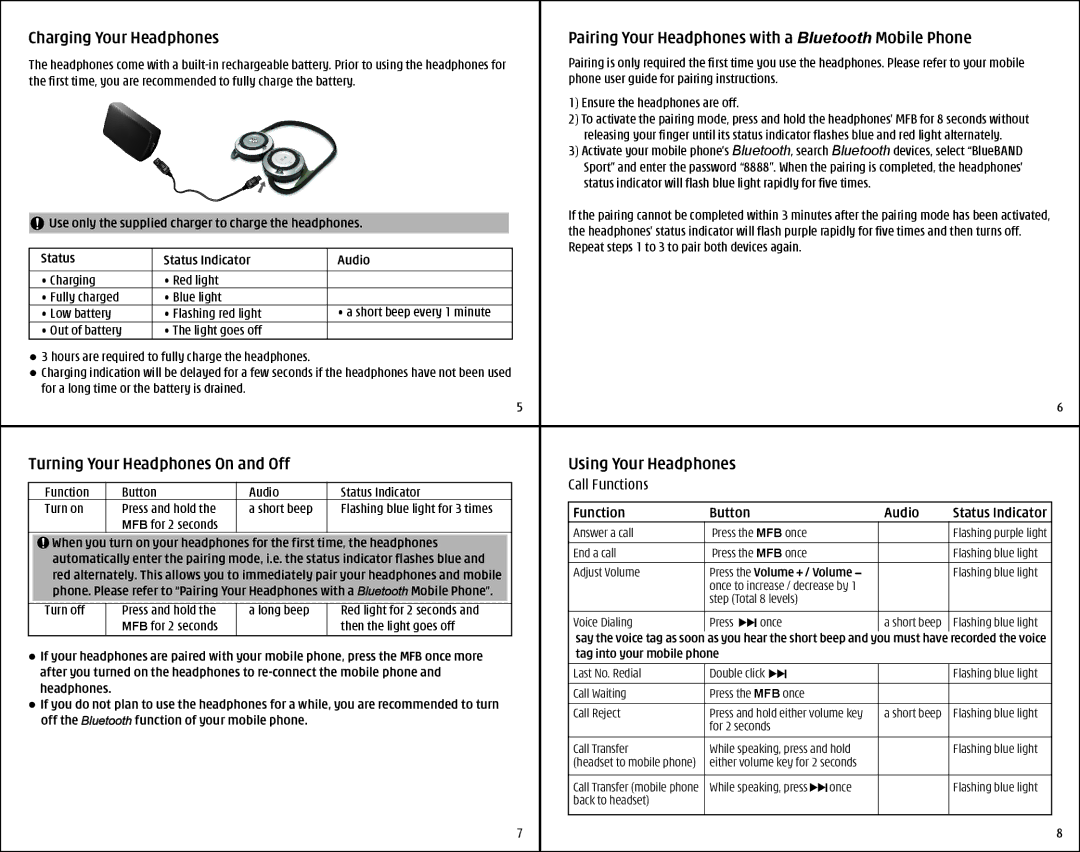 i. Tech Dynamic Bluetooth Stereo Headphone Repeat steps 1 to 3 to pair both devices again, MFB for 2 seconds Answer a call 