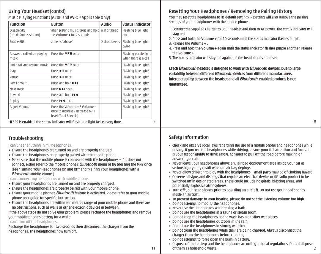 i. Tech Dynamic Bluetooth Stereo Headphone specifications Troubleshooting Safety Information 