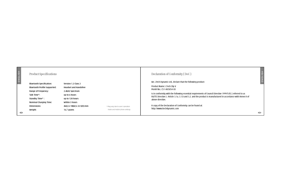 i. Tech Dynamic Clip V specifications Product Specifications, Declaration of Conformity DoC 