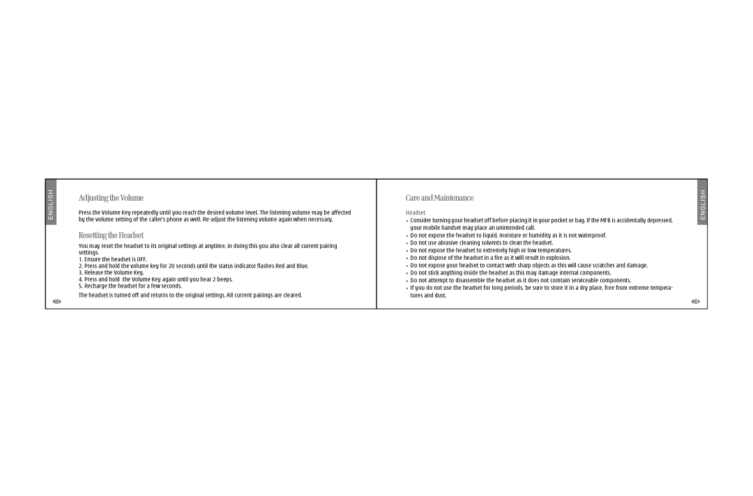 i. Tech Dynamic Clip V specifications Adjusting the Volume, Resetting the Headset, Care and Maintenance 