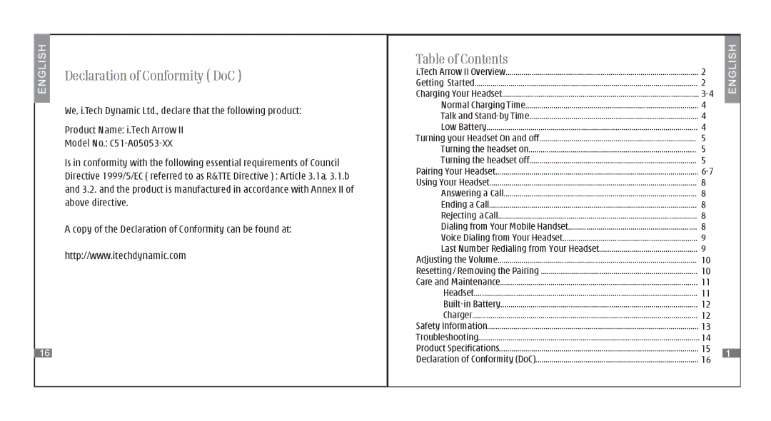 i. Tech Dynamic II specifications Declaration of Conformity DoC, Table of Contents 