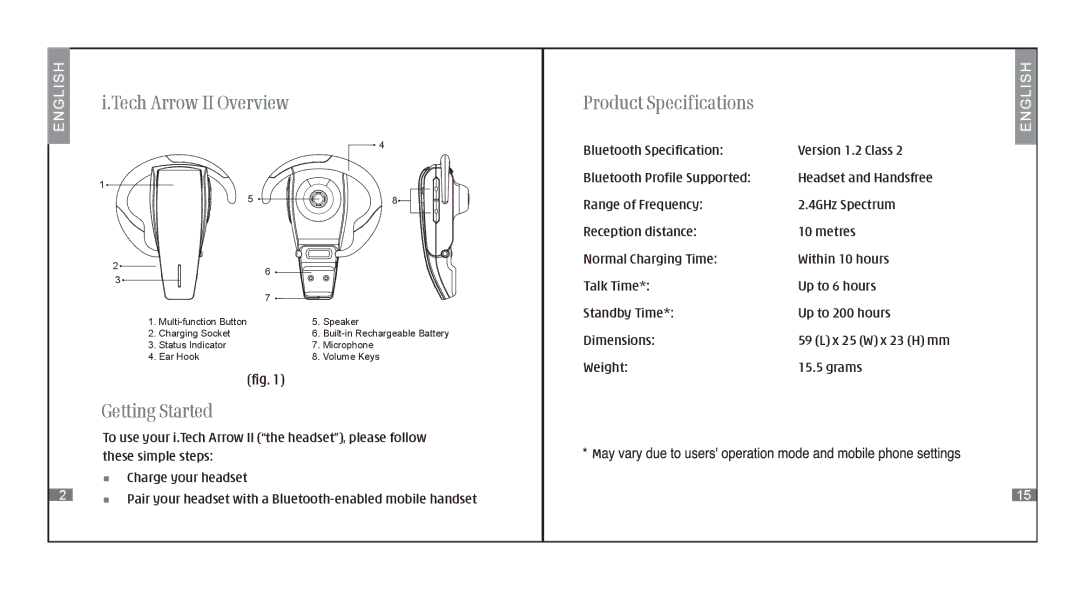 i. Tech Dynamic specifications Tech Arrow II Overview, Getting Started, Product Specifications 