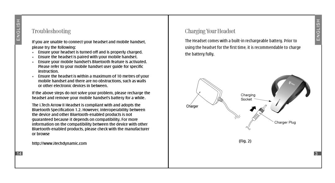 i. Tech Dynamic II specifications Troubleshooting, Charging Your Headset 