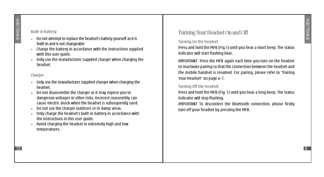 i. Tech Dynamic II specifications Turning Your Headset On and Off, Built-in Battery, Charger, Turning On the Headset 