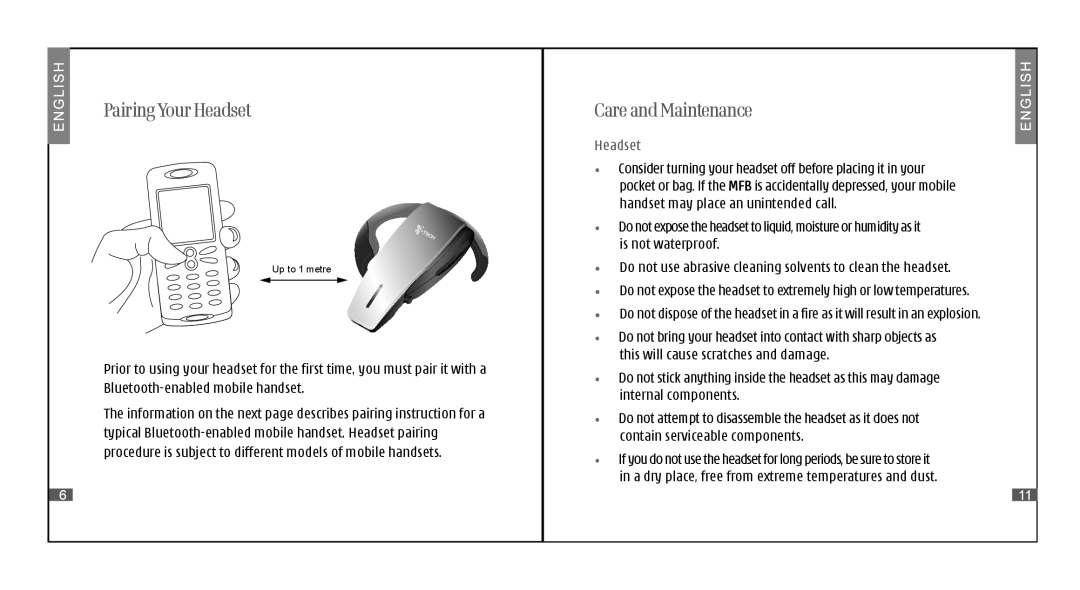 i. Tech Dynamic II specifications Pairing Your Headset, Care and Maintenance 