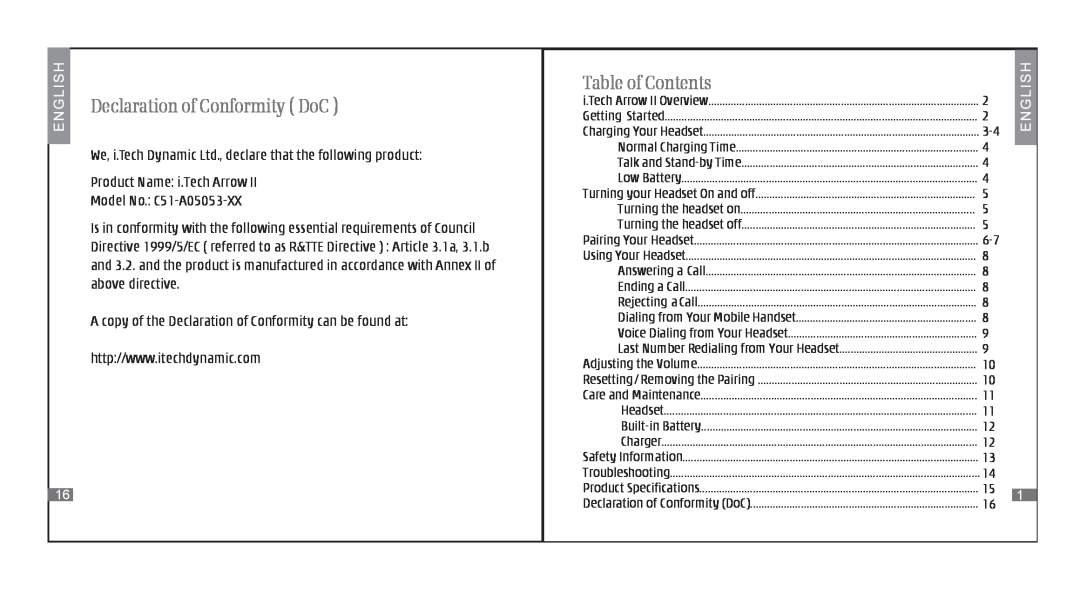 i. Tech Dynamic II Declaration of Conformity DoC, Table of Contents, Product Name i.Tech Arrow, Model No. C51-A05053-XX 