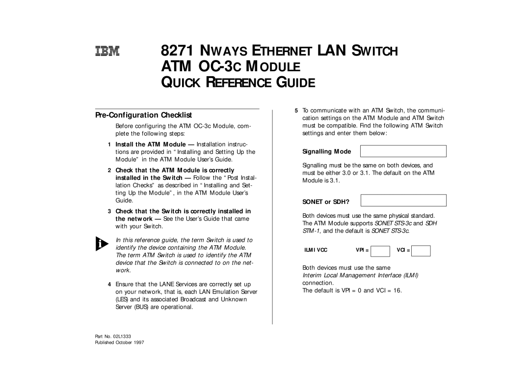 IBM 02L1333 installation instructions Pre-Configuration Checklist, ATM OC-3C MODULE, Nways Ethernet Lan Switch 