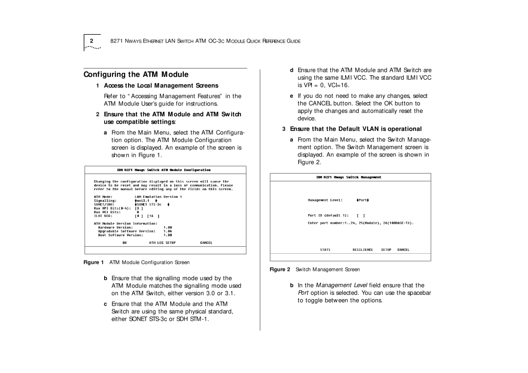 IBM 02L1333 Configuring the ATM Module, Access the Local Management Screens, Ensure that the Default Vlan is operational 