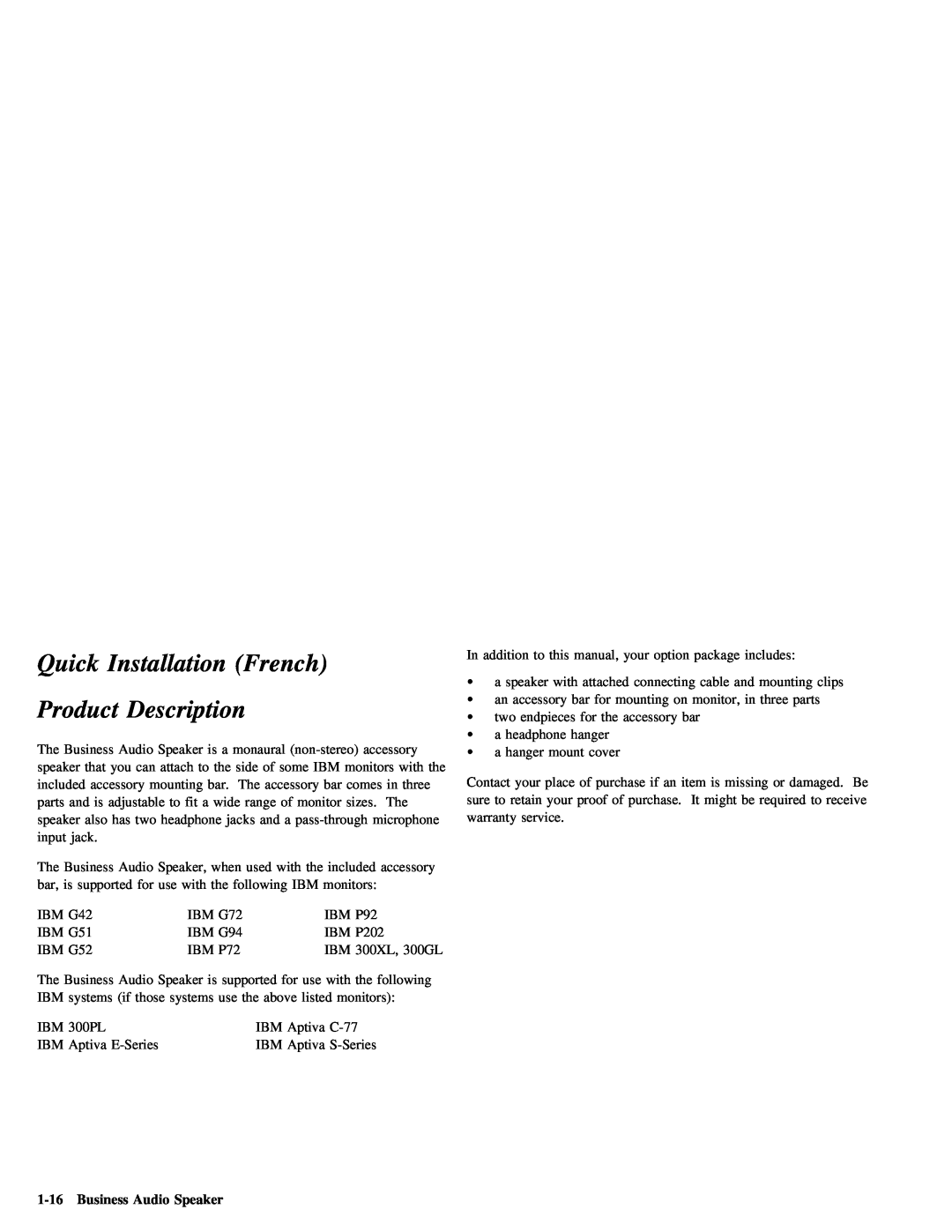 IBM 05L1596 manual Quick Installation French, 1-16Business Audio Speaker, Description, Product 