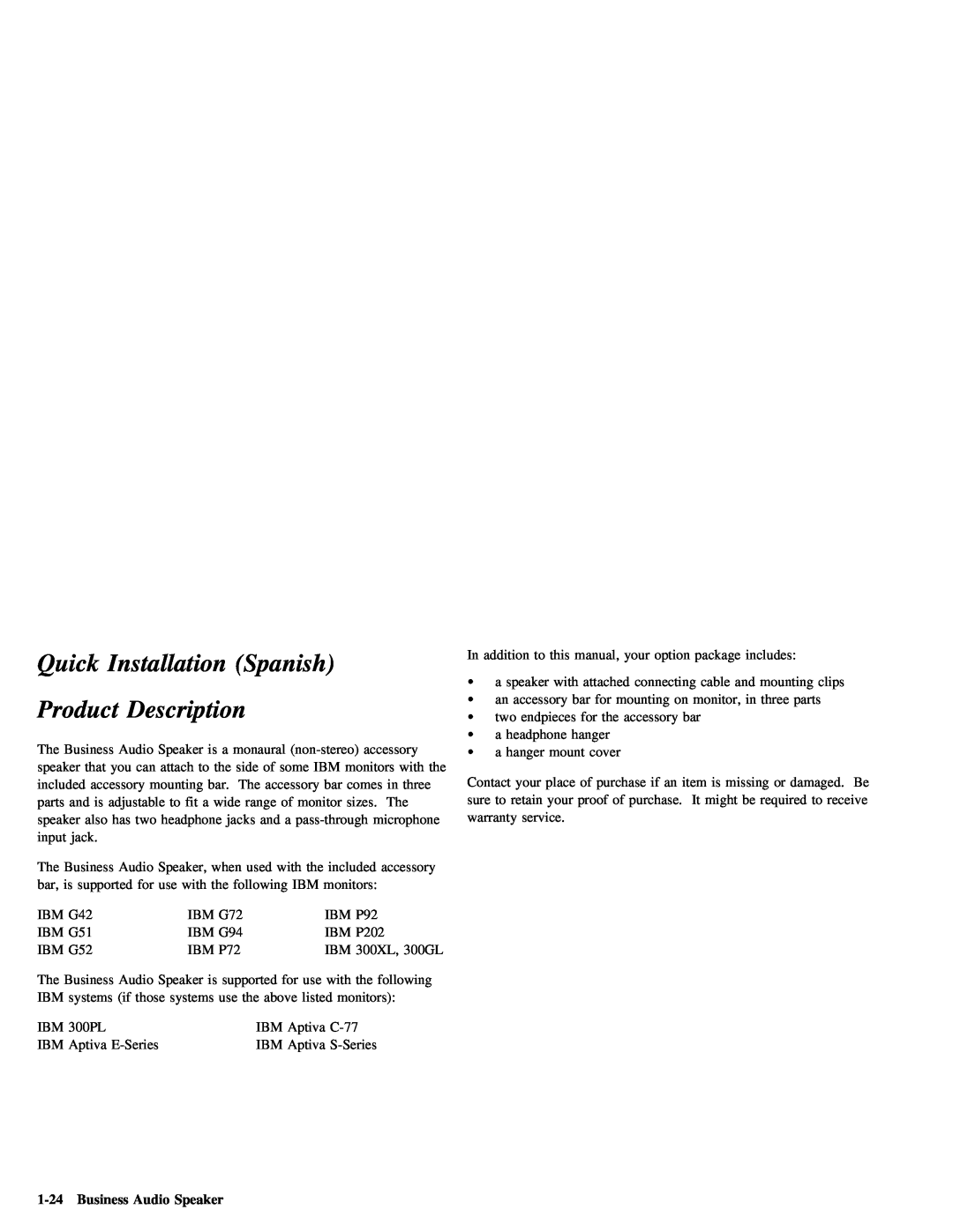 IBM 05L1596 manual Quick Installation Spanish, 1-24Business Audio Speaker, Description, Product 