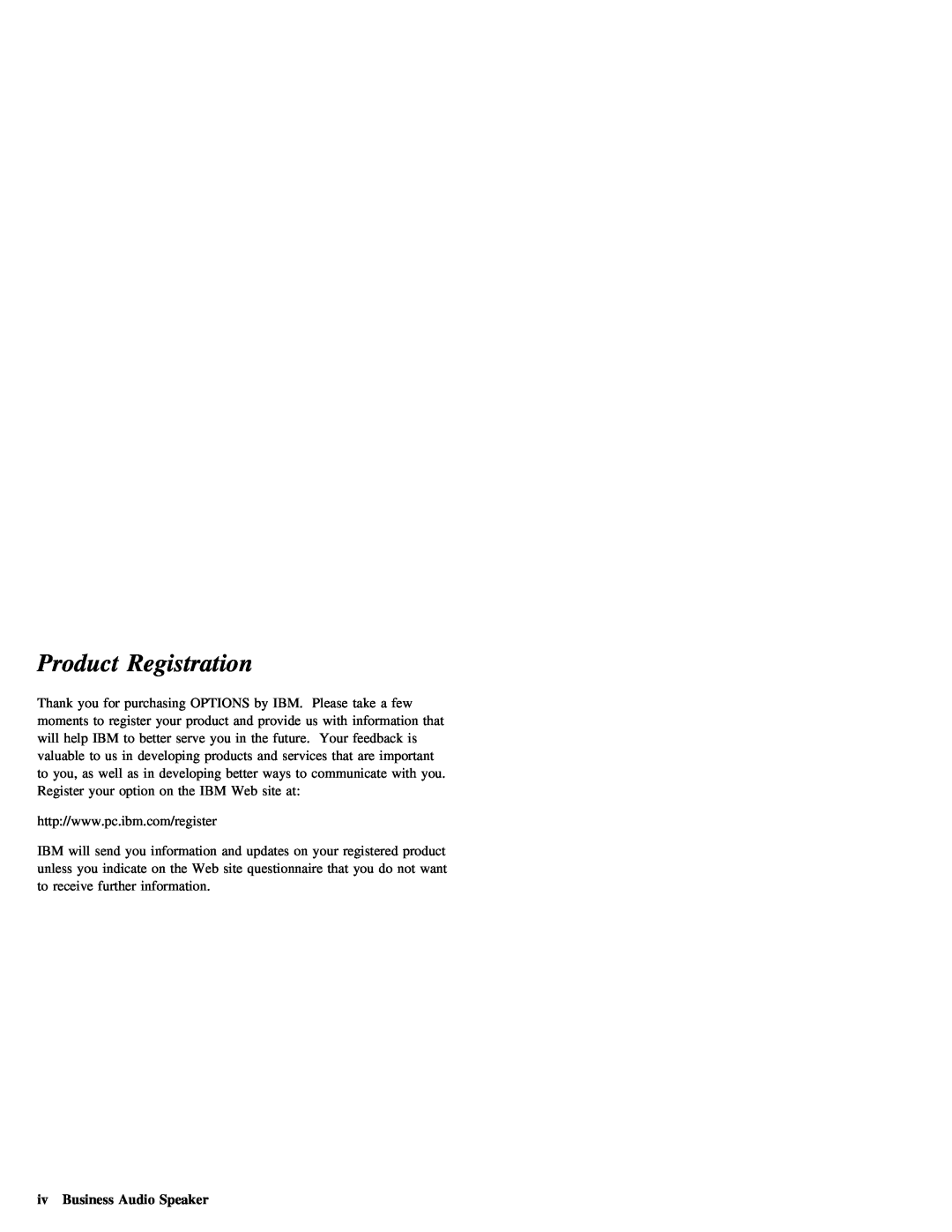 IBM 05L1596 manual Product Registration, iv Business Audio Speaker 