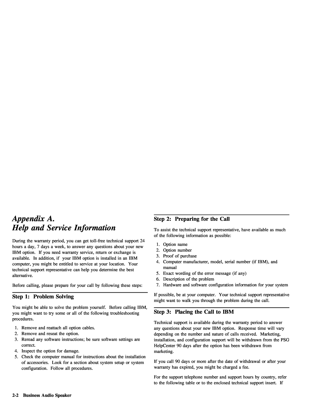 IBM 05L1596 manual Appendix A Help and Service Information, Step, Call, Problem Solving, 2-2Business Audio Speaker 