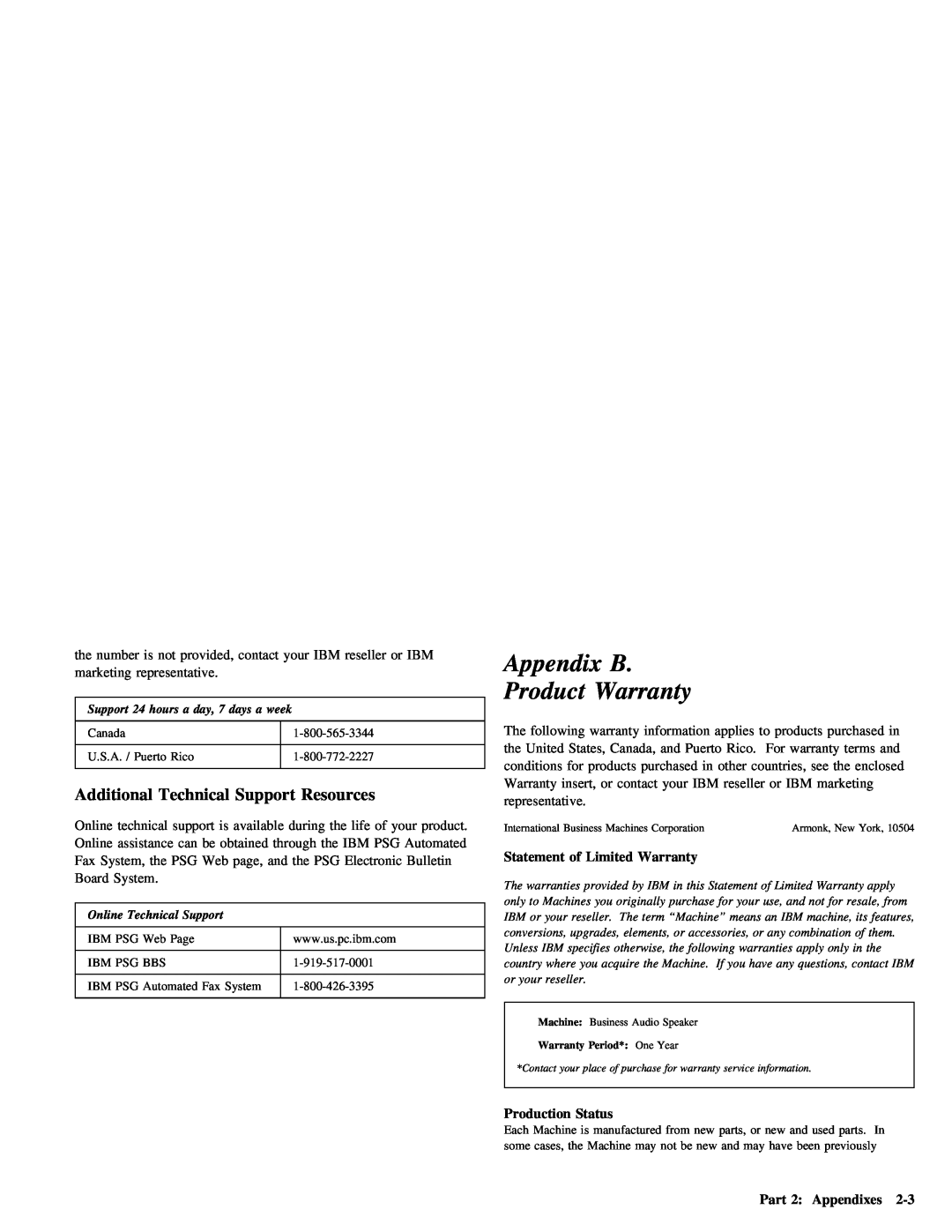 IBM 05L1596 manual Appendix B, Warranty, Product 