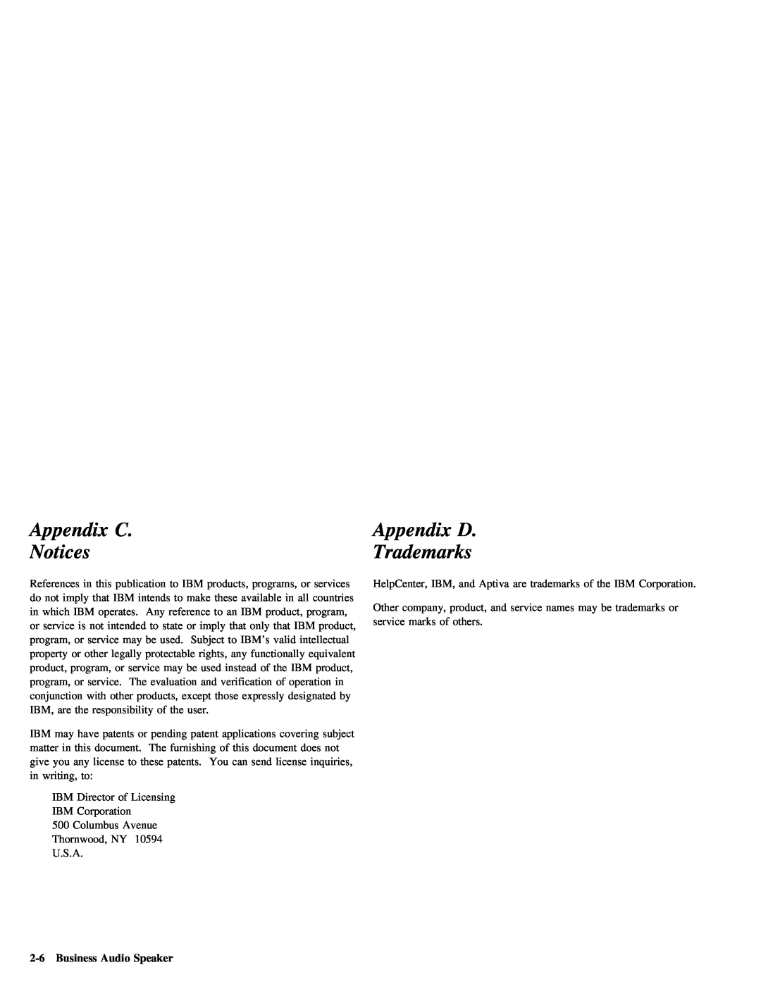 IBM 05L1596 manual Notices, Appendix D, Appendix C, 2-6Business Audio Speaker, Trademarks 