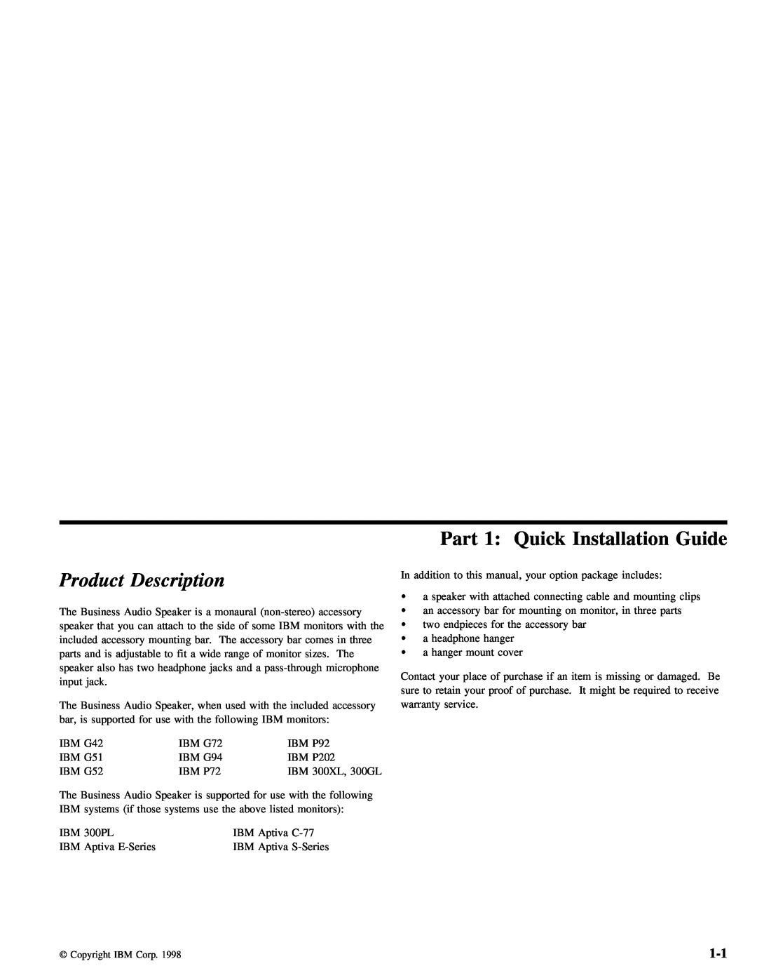 IBM 05L1596 manual Part 1 Quick Installation Guide, Product Description 