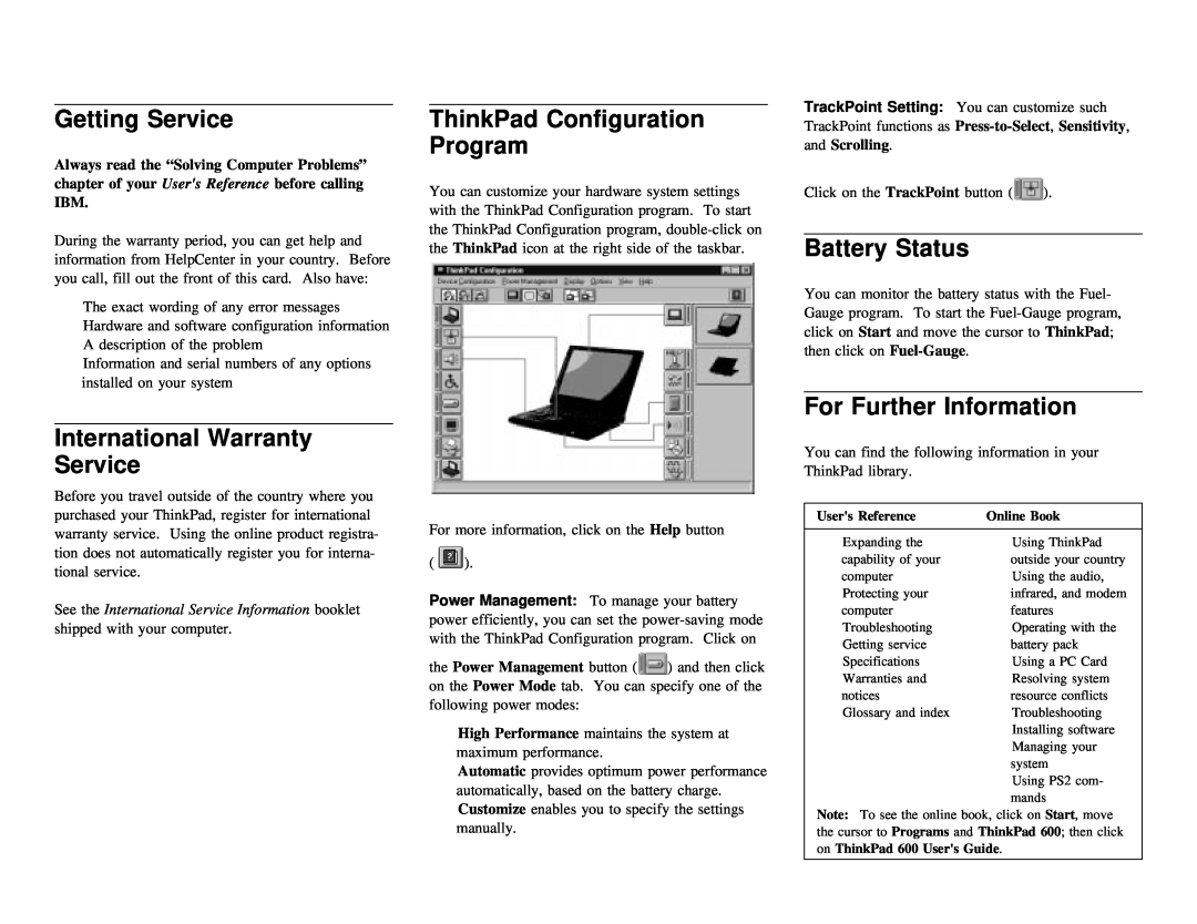IBM 05L2161 manual Program, Battery Status, International Warranty Service, Information, Getting Service, Further, Help 