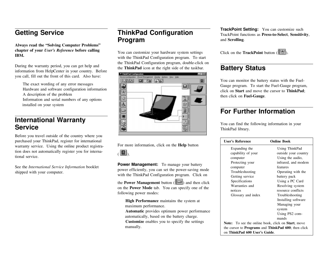 IBM 05L2161 manual Program, Battery Status, International Warranty Service, For 