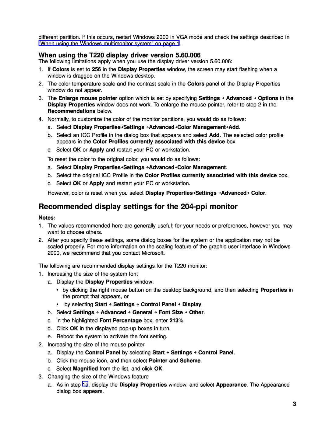 IBM 07N2250 manual Recommended display settings for the 204-ppi monitor, When using the T220 display driver version 