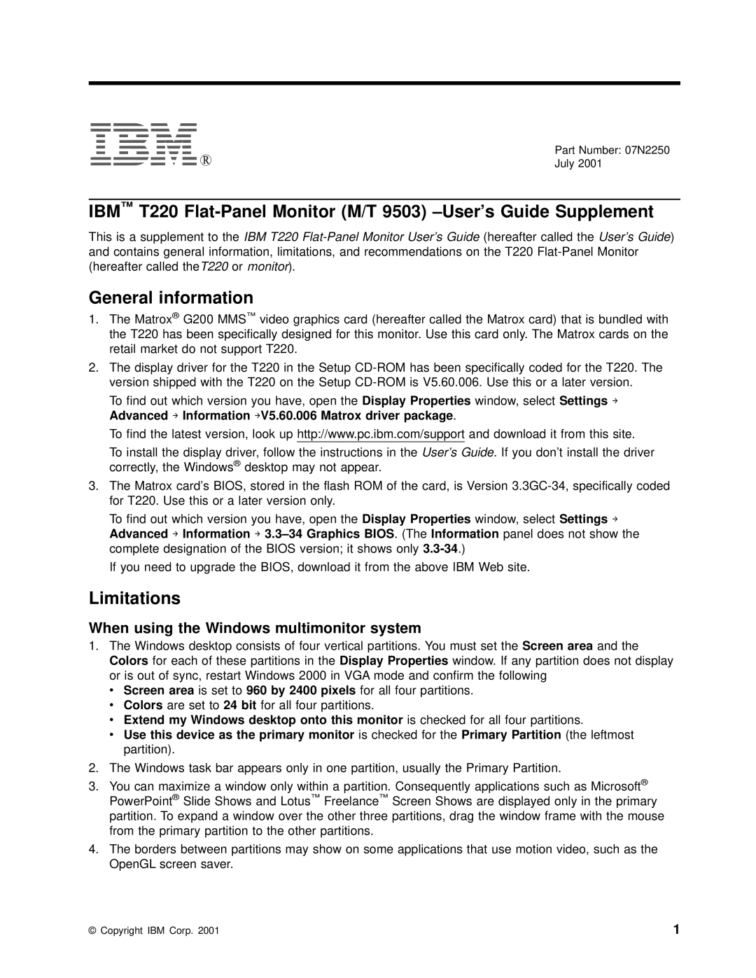 IBM 07N2250 manual General information, Limitations, When using the Windows multimonitor system 