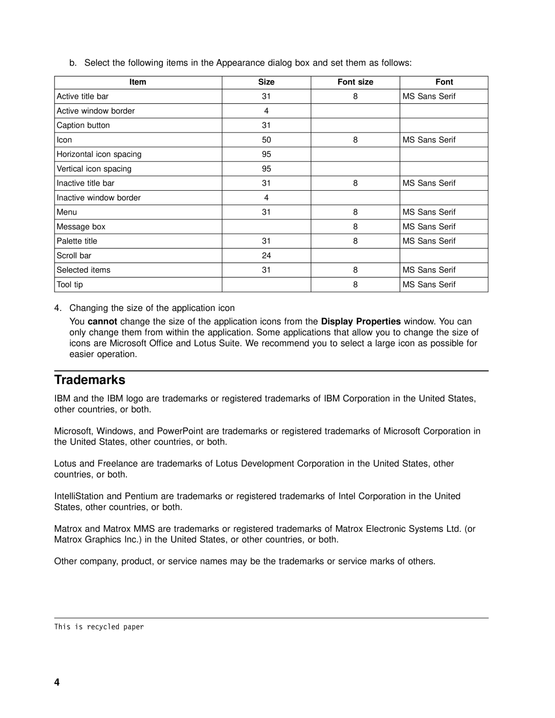 IBM 07N2250 manual Trademarks, Size Font size 