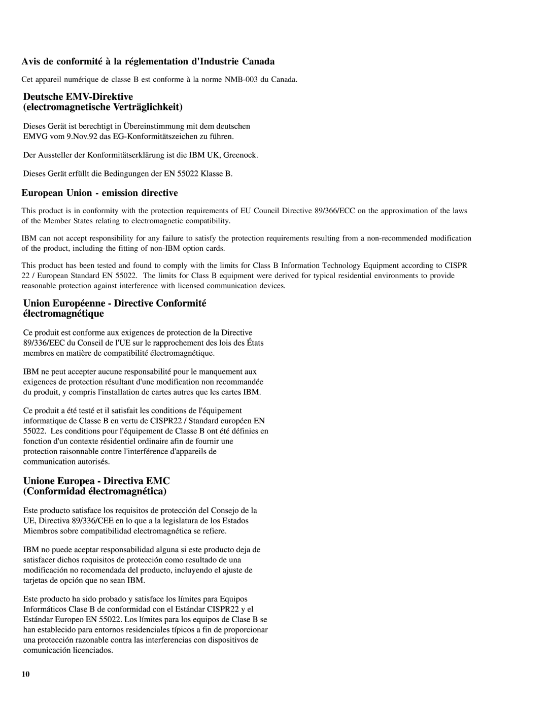 IBM 07N4108 manual Avis de conformité à la réglementation dIndustrie Canada, European Union emission directive 