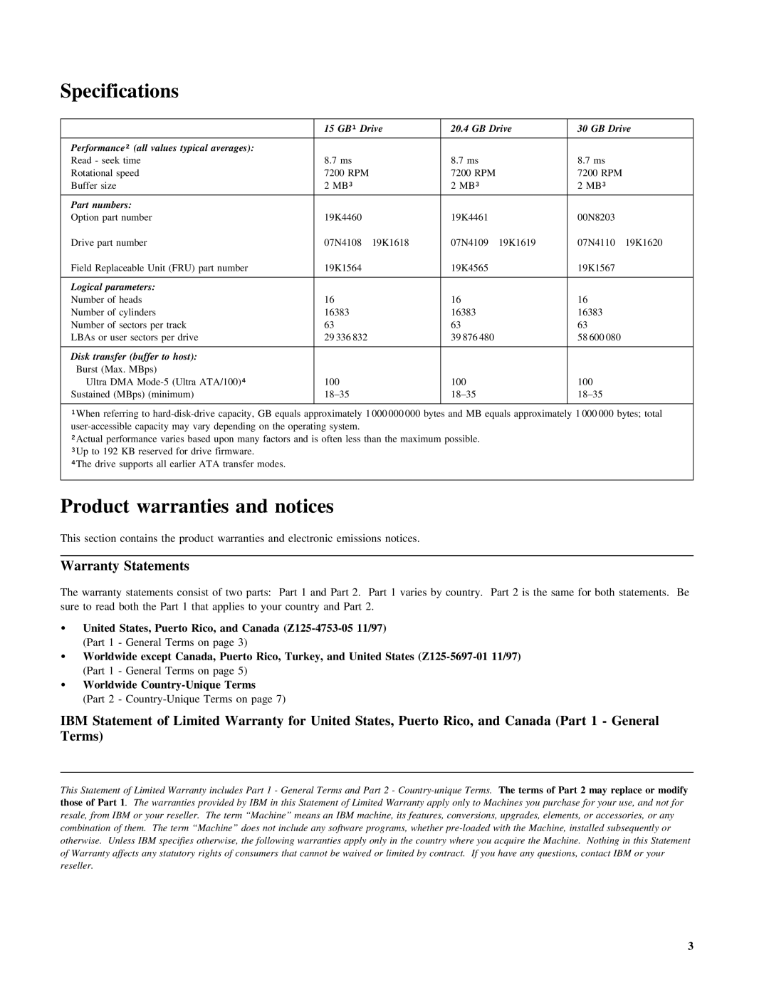 IBM 07N4108 manual Specifications, Warranty Statements 