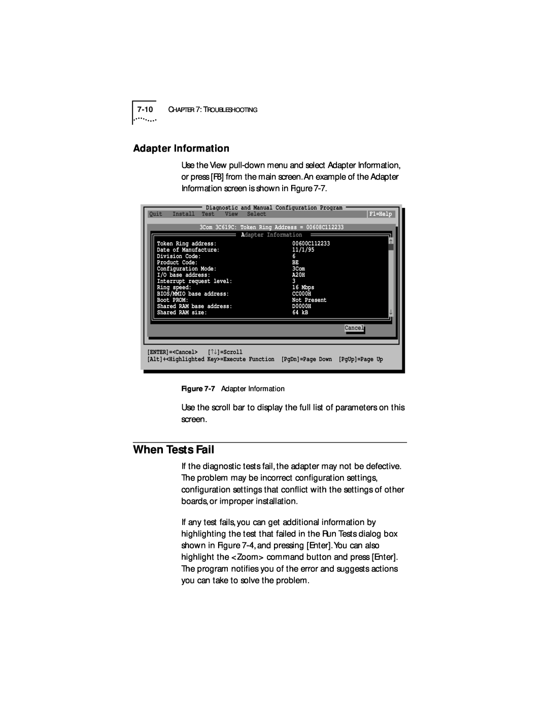 IBM 09-0572-000 manual When Tests Fail, Adapter Information 