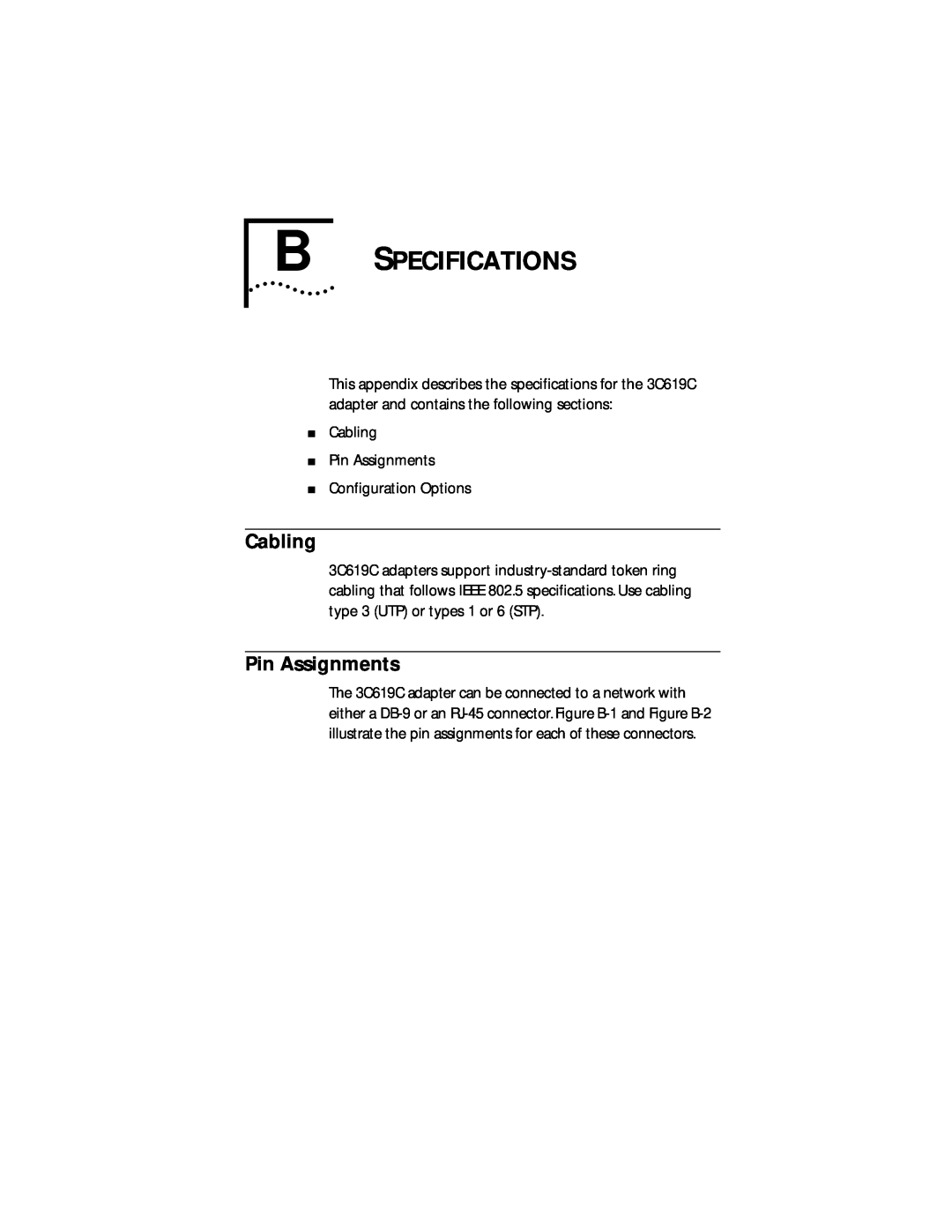 IBM 09-0572-000 manual B Specifications, Cabling, Pin Assignments 