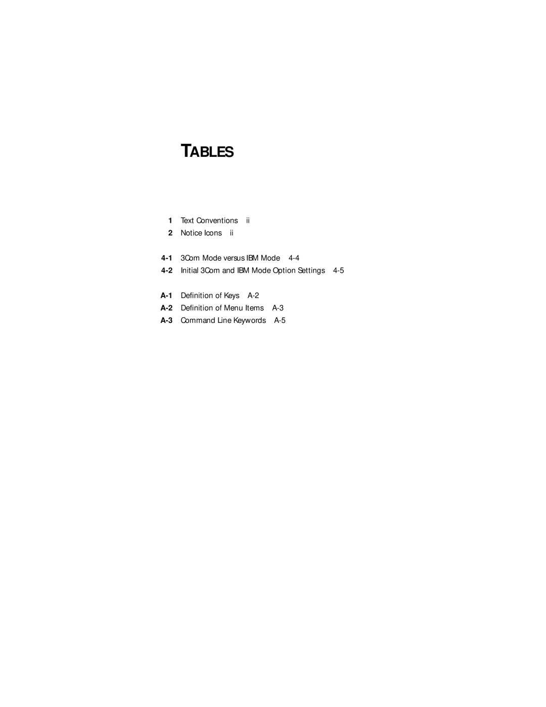 IBM 09-0572-000 manual Tables, 3Com Mode versus IBM Mode 