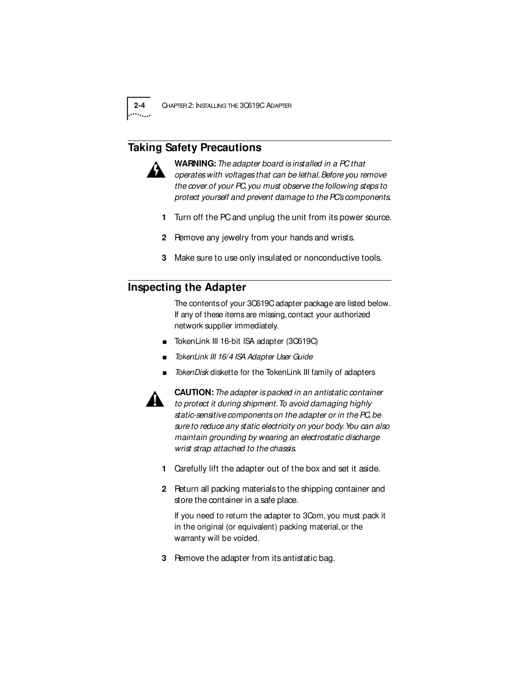 IBM 09-0572-000 manual Taking Safety Precautions, Inspecting the Adapter 