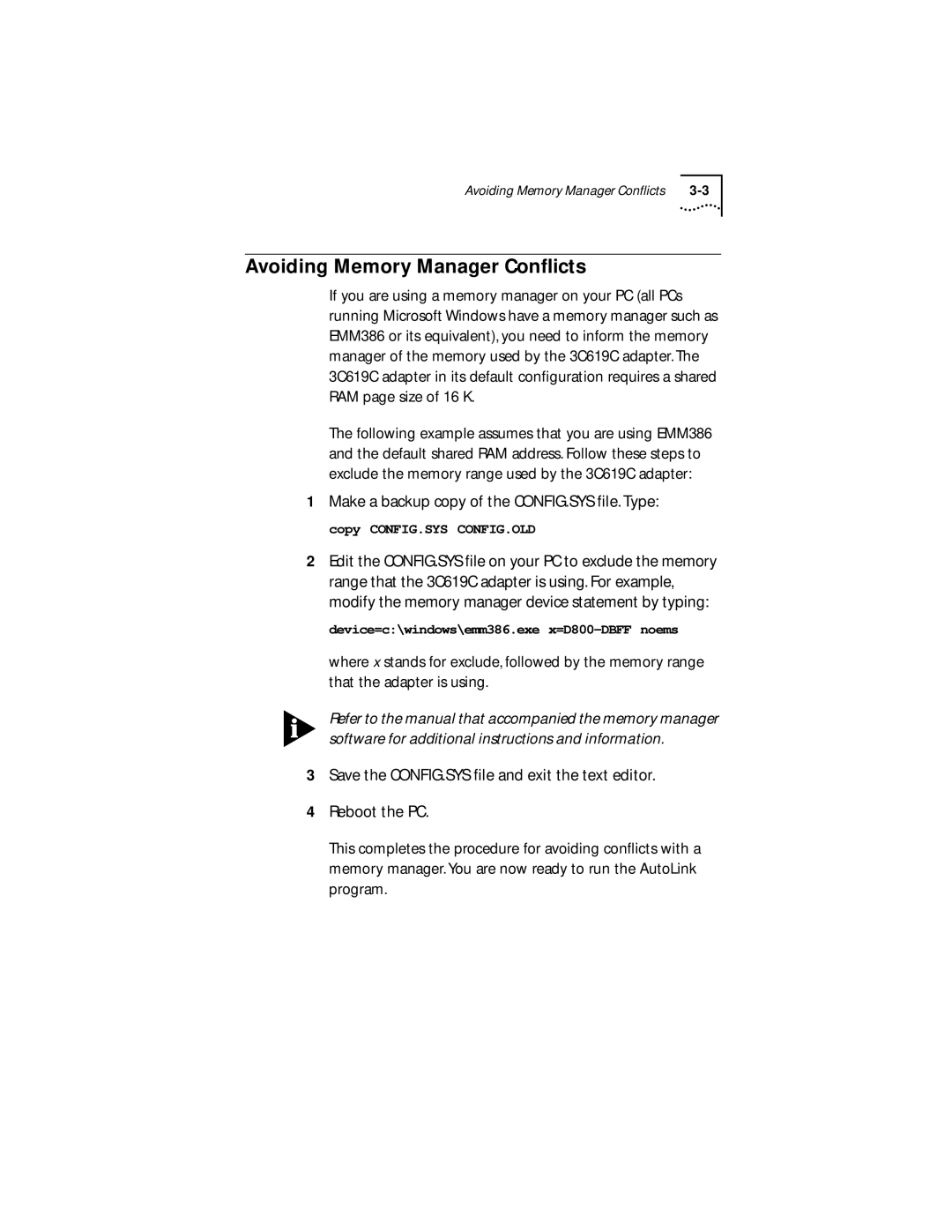 IBM 09-0572-000 manual Avoiding Memory Manager Conﬂicts, Make a backup copy of the CONFIG.SYS ﬁle. Type 