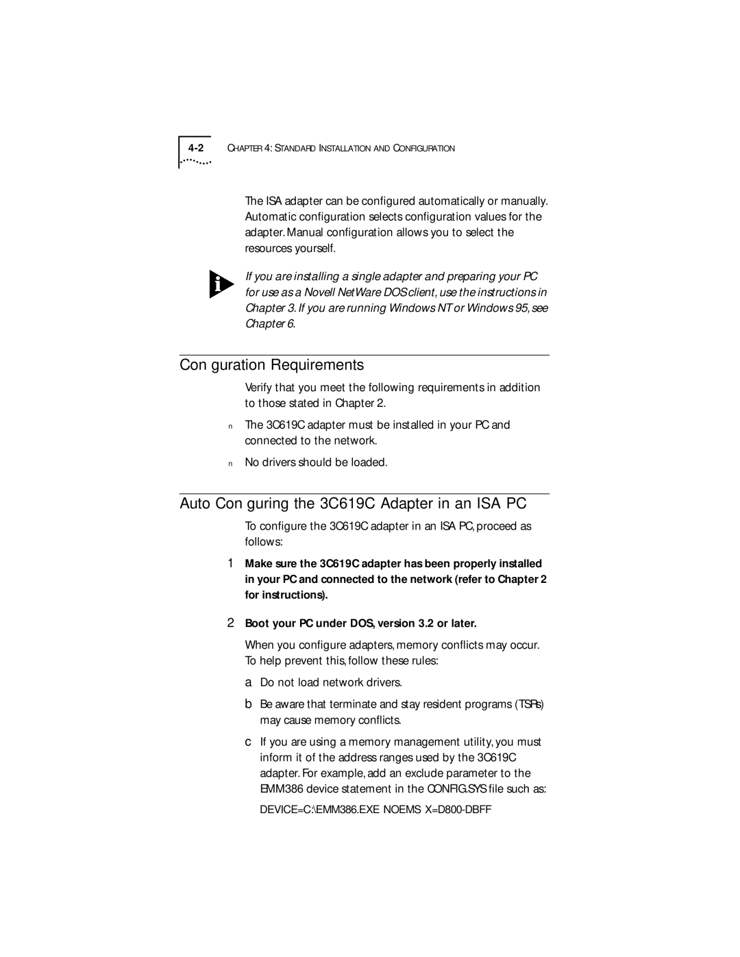 IBM 09-0572-000 manual Conﬁguration Requirements, Auto Conﬁguring the 3C619C Adapter in an ISA PC 