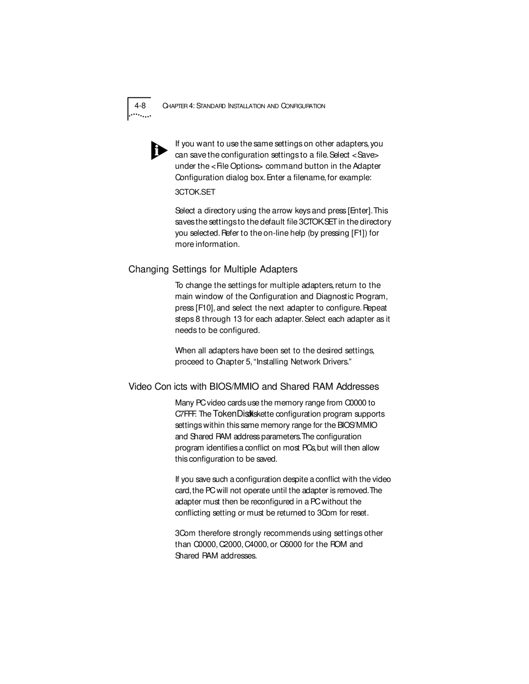 IBM 09-0572-000 manual Changing Settings for Multiple Adapters, Video Conﬂicts with BIOS/MMIO and Shared RAM Addresses 