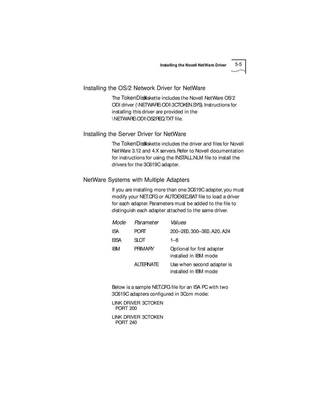 IBM 09-0572-000 manual Installing the OS/2 Network Driver for NetWare, Installing the Server Driver for NetWare 