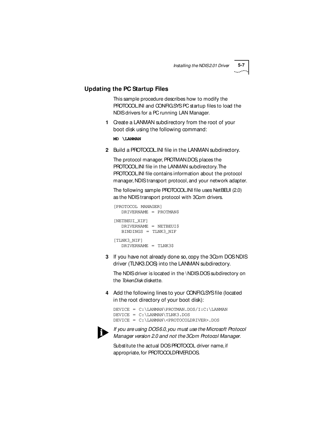 IBM 09-0572-000 manual Updating the PC Startup Files, Build a PROTOCOL.INI ﬁle in the Lanman subdirectory 