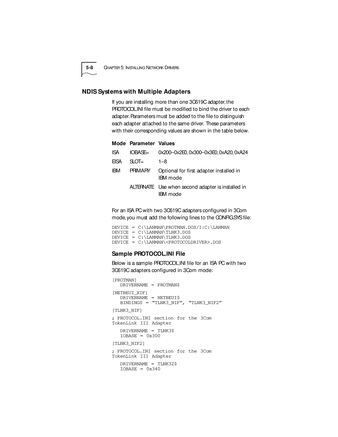 IBM 09-0572-000 manual Ndis Systems with Multiple Adapters, IBM mode, Sample PROTOCOL.INI File 