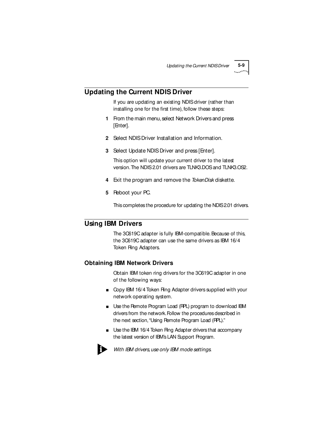 IBM 09-0572-000 manual Updating the Current Ndis Driver, Using IBM Drivers, Obtaining IBM Network Drivers 