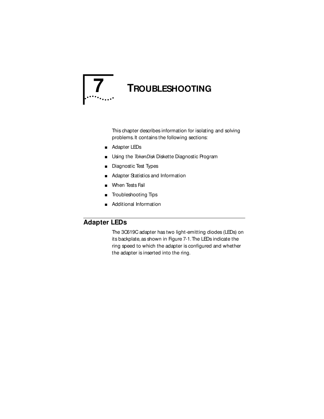 IBM 09-0572-000 manual Troubleshooting, Adapter LEDs 