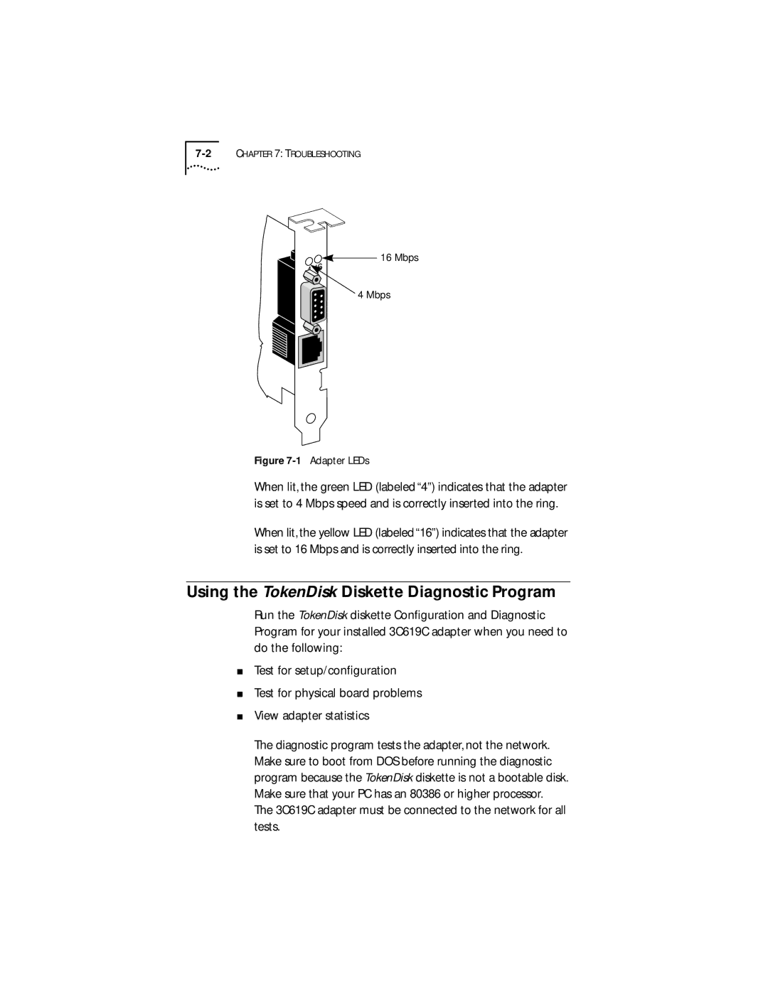 IBM 09-0572-000 manual Using the TokenDisk Diskette Diagnostic Program, Adapter LEDs 