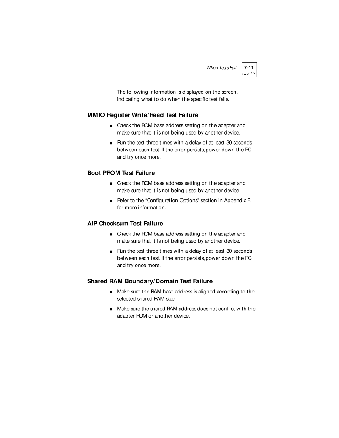 IBM 09-0572-000 manual Mmio Register Write/Read Test Failure, Boot Prom Test Failure, AIP Checksum Test Failure 