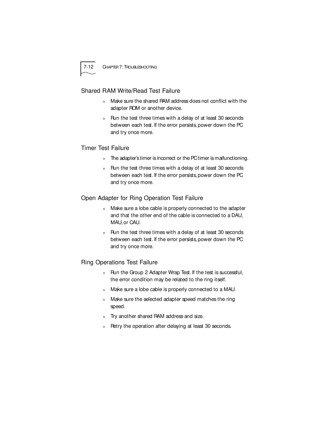 IBM 09-0572-000 manual Shared RAM Write/Read Test Failure, Timer Test Failure, Open Adapter for Ring Operation Test Failure 