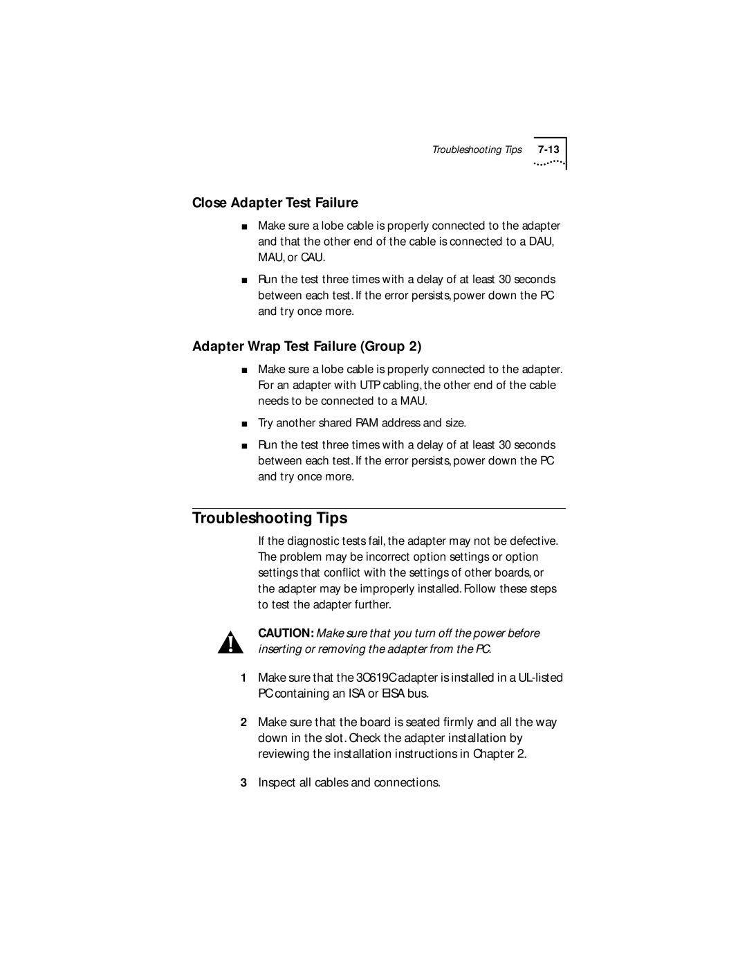 IBM 09-0572-000 manual Troubleshooting Tips, Close Adapter Test Failure, Adapter Wrap Test Failure Group 