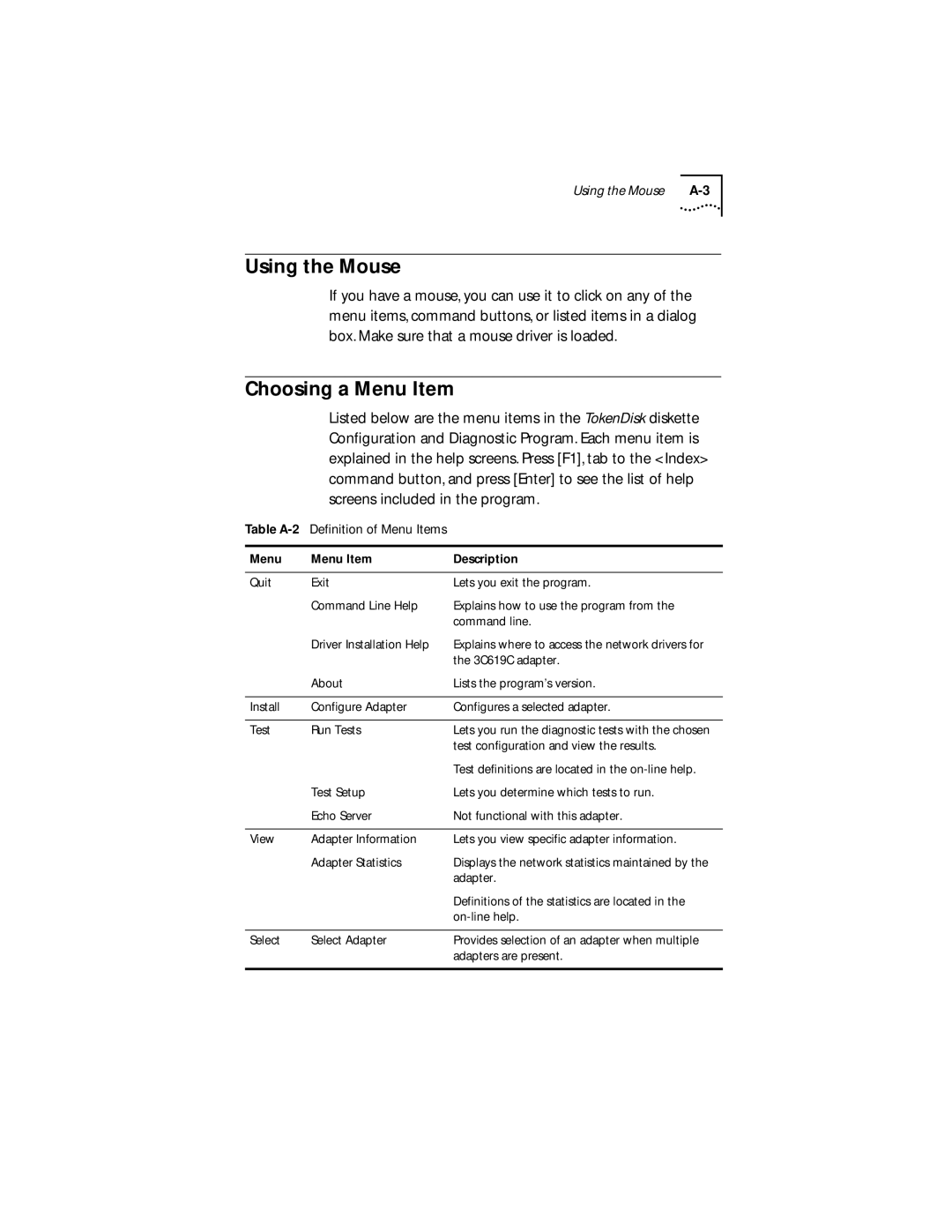 IBM 09-0572-000 manual Using the Mouse, Choosing a Menu Item 