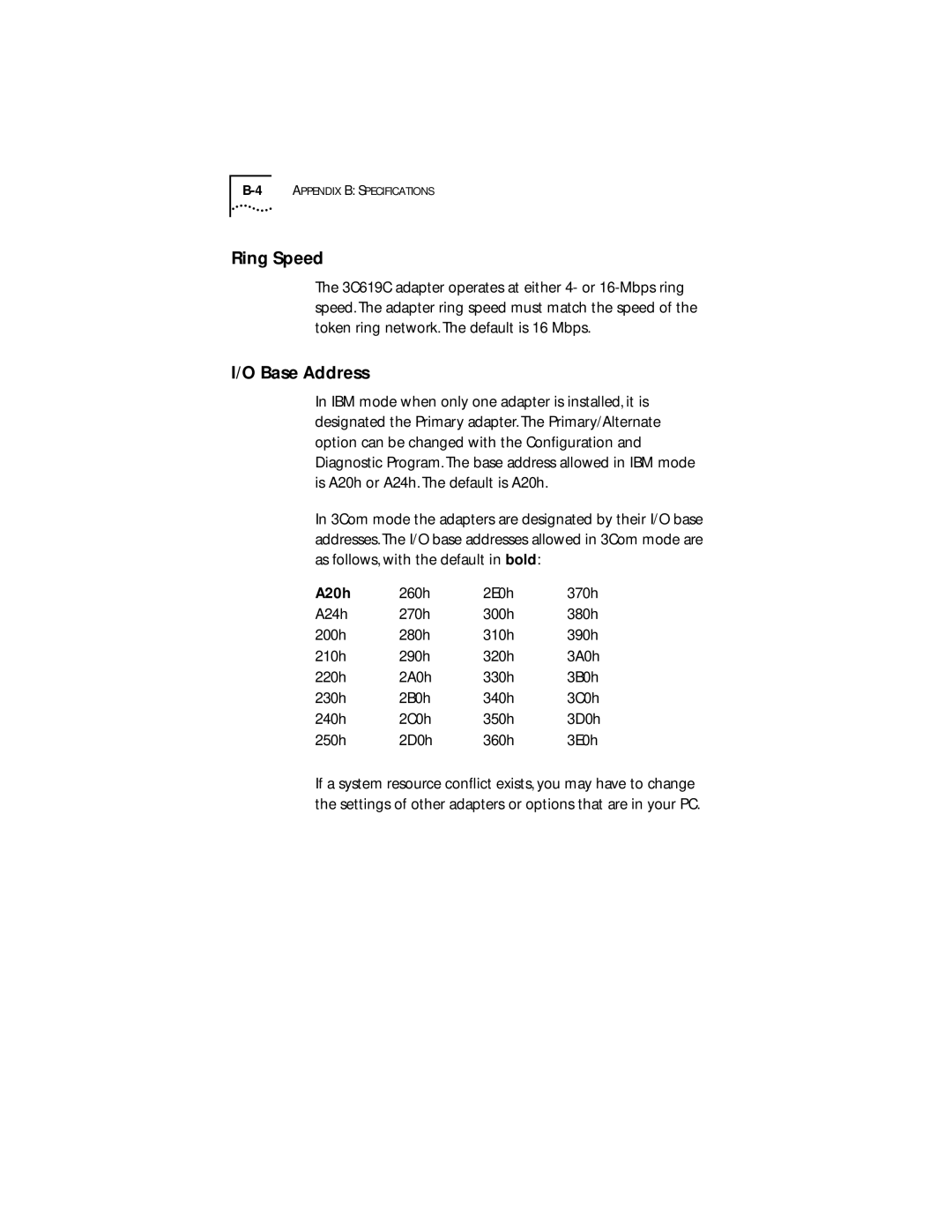 IBM 09-0572-000 manual Ring Speed, Base Address 