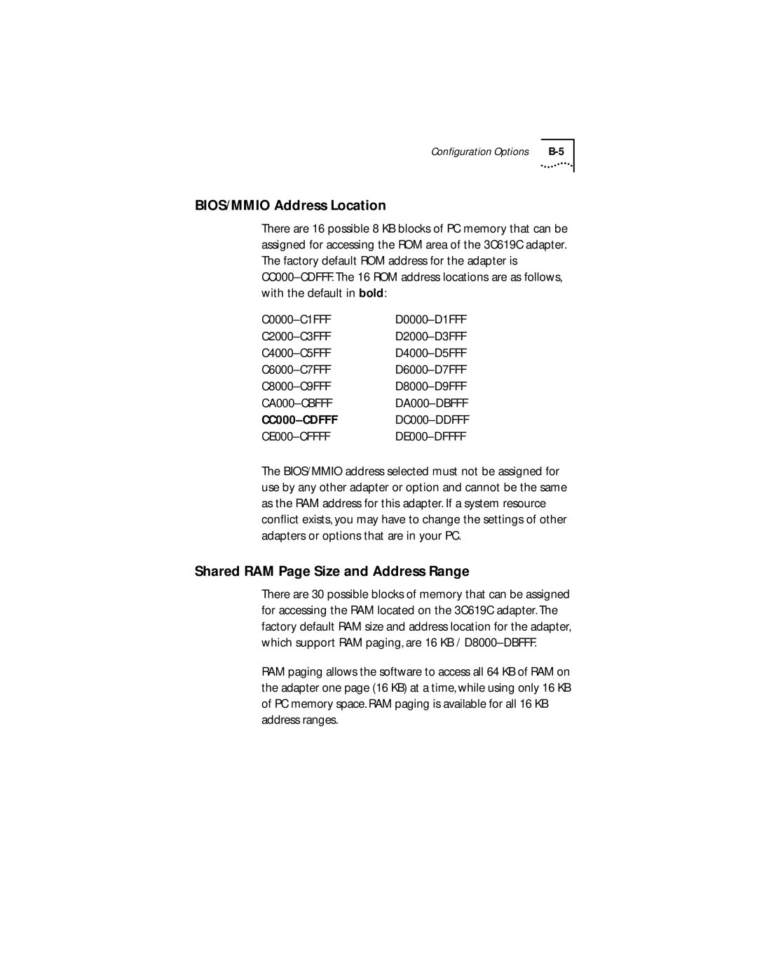 IBM 09-0572-000 manual BIOS/MMIO Address Location, Shared RAM Page Size and Address Range 