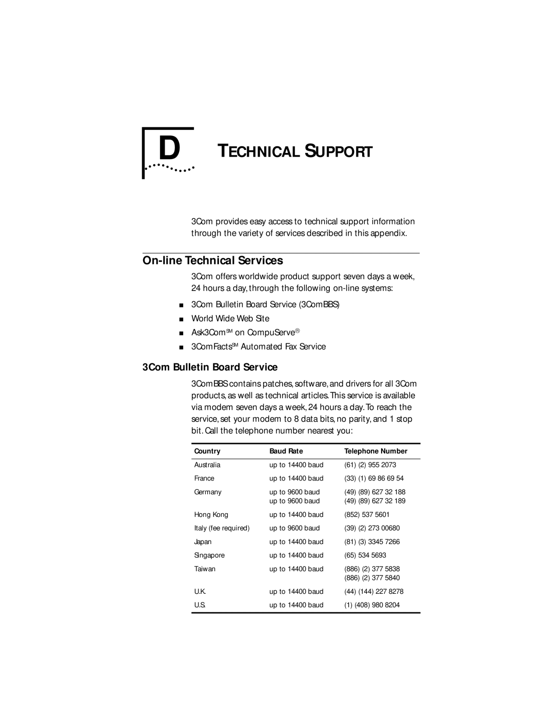 IBM 09-0572-000 manual Technical Support, On-line Technical Services, 3Com Bulletin Board Service 