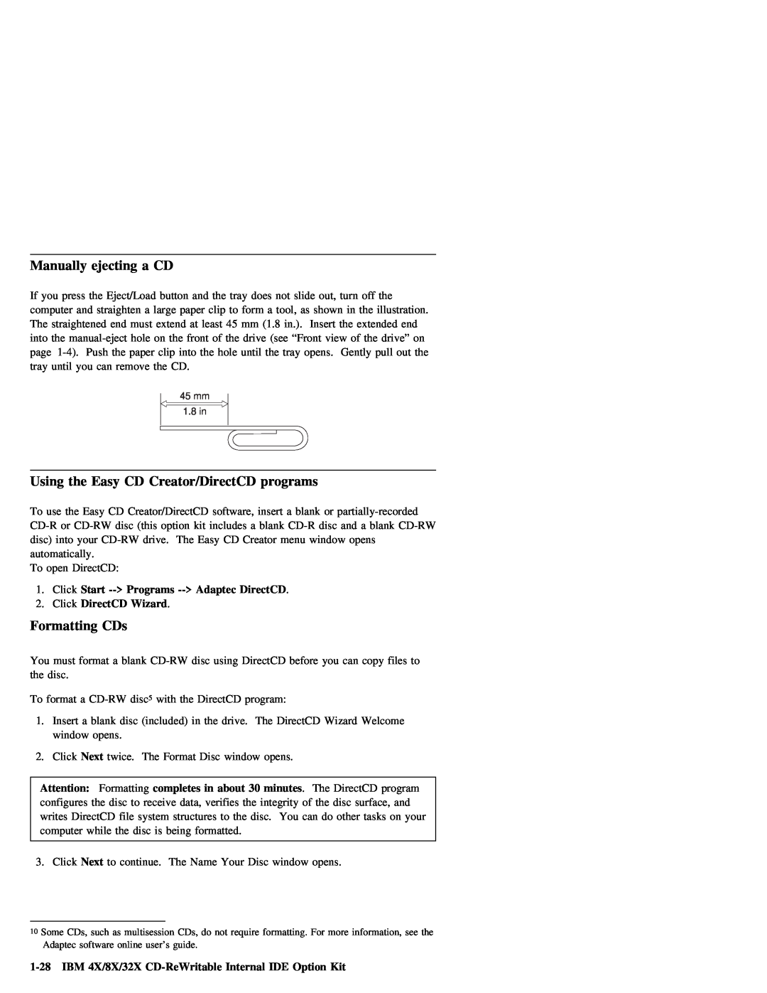 IBM 09N4076 manual IBM 4X/8X/32X CD-ReWritable Internal IDE Option Kit, ejecting, Easy, Start -- Programs 