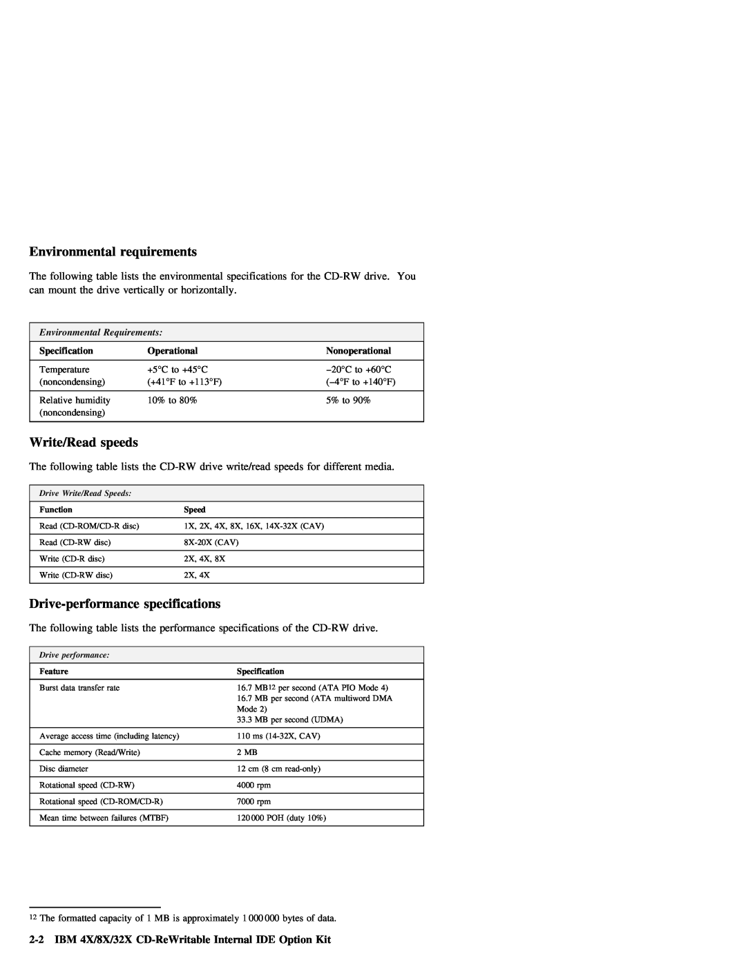 IBM 09N4076 manual Environmental requirements, IBM 4X/8X/32X CD-ReWritable Internal IDE Option Kit 